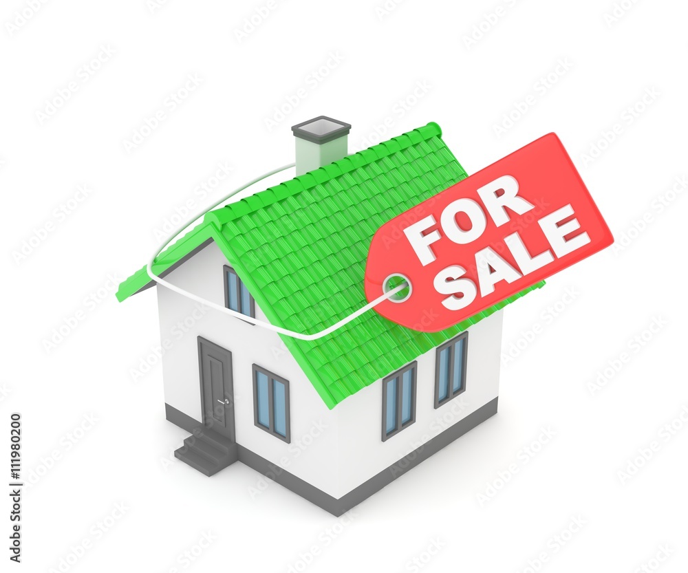 Model of house with label for sale on white background. Concept of real estate sale. 3D rendering. Model of house with label for sale on white background. Concept of real estate sale. 3D rendering.