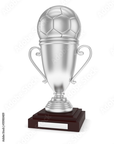 Silver cup and silver ball on white background. 3D rendering.