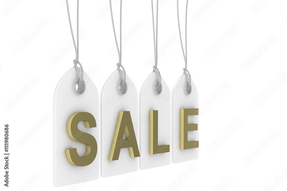 Colorful isolated sale labels on white background. Price tags. Special offer and promotion. Store discount. Shopping time. Golden letters on white labels. 3D rendering.