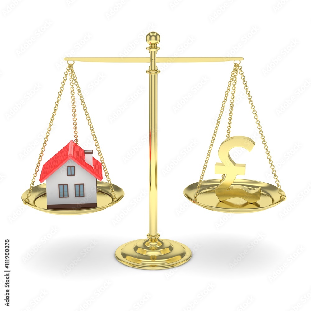 Isolated golden scales with golden pound and house on white background. Investment or savings concept. Real estate and currency. 3D rendering. Isolated golden scales with golden pound and house on white background. Investment or savings concept. Real estate and currency. 3D rendering.