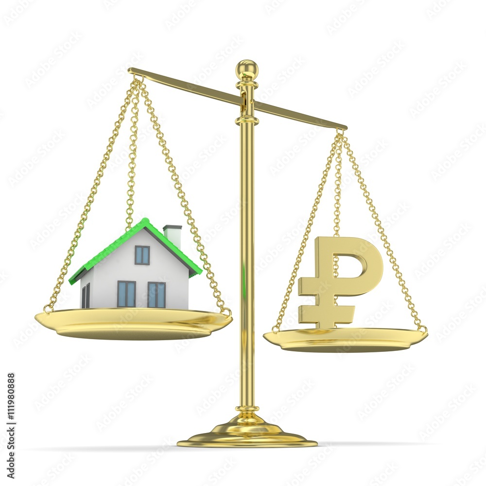 Isolated golden scales with golden rouble and house on white background. Investment or savings concept. Real estate and currency. 3D rendering. Isolated golden scales with golden rouble and house on white background. Investment or savings concept. Real estate and currency. 3D rendering.