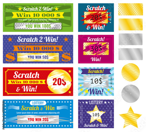 Prize and luck lottery tickets. Lottery tickets with scratch effect on marks. Prize and luck, chance and win templates.  Vector illustration