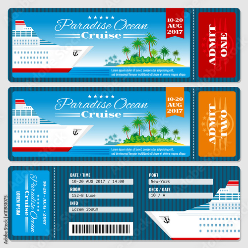 Cruise ship boarding pass ticket. Honeymoon wedding cruise invitation vector template. Travel ticket to sea or ocean cruise ship