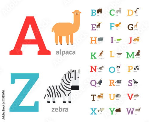 Animals alphabet or zoo alphabet colored icons. Vector illustration