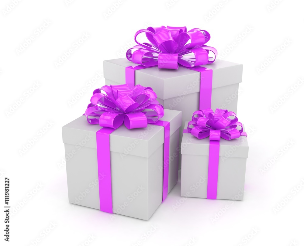 three gift boxes with bows isolated on white. 3d rendering. three gift boxes with bows isolated on white. 3d rendering.