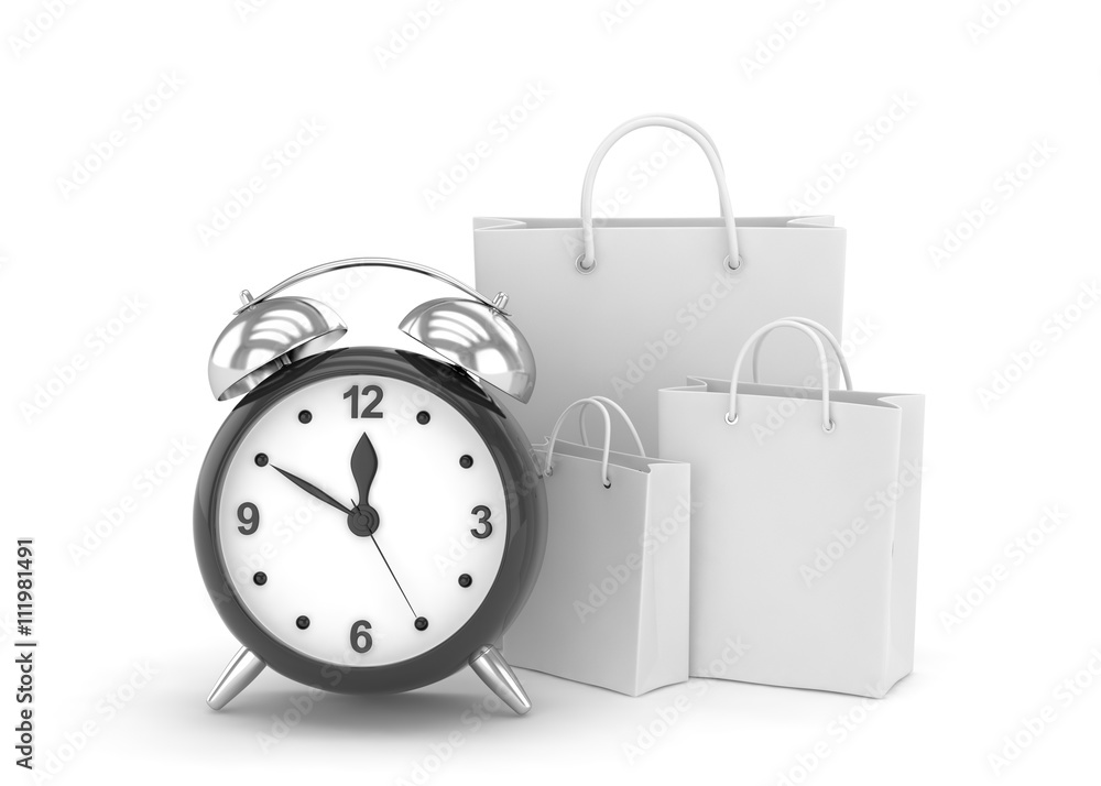 alarm clock and shopping bag (time to buy concept). 3d rendering. alarm clock and shopping bag (time to buy concept). 3d rendering.