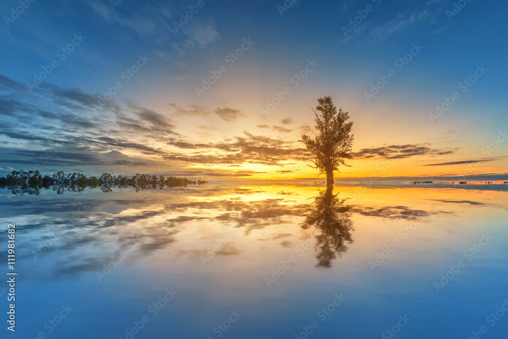 Soft focus the colorful landscape with sunset background on the lake Soft focus the colorful landscape with sunset background on the lake