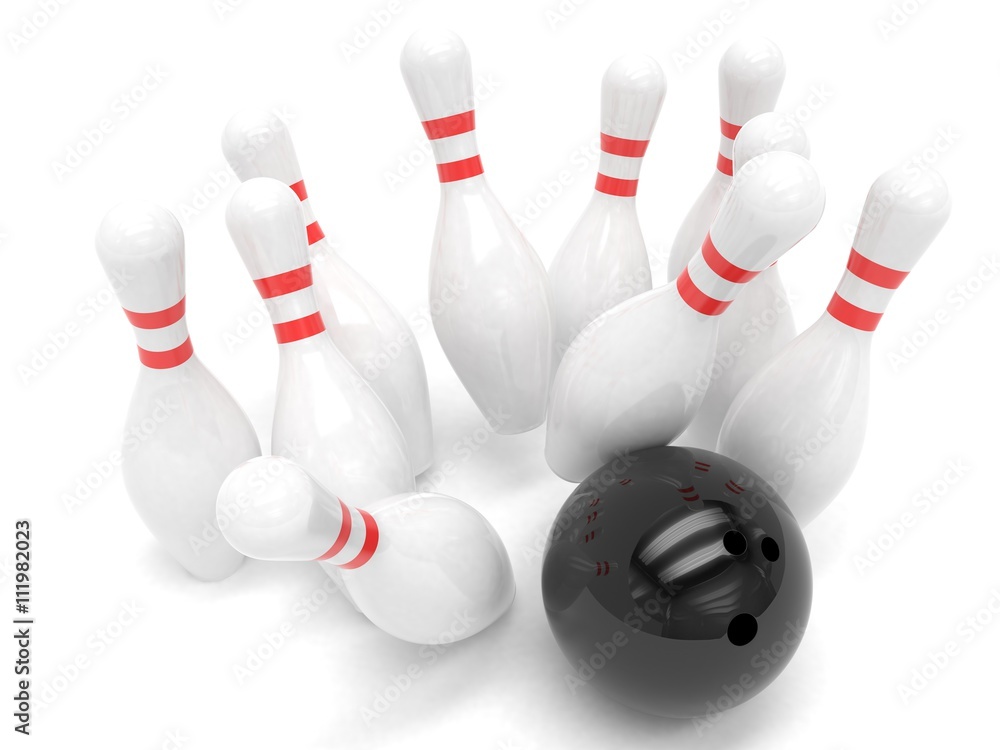 Bowling ball and skittles isolated. 3d rendering. Bowling ball and skittles isolated. 3d rendering.