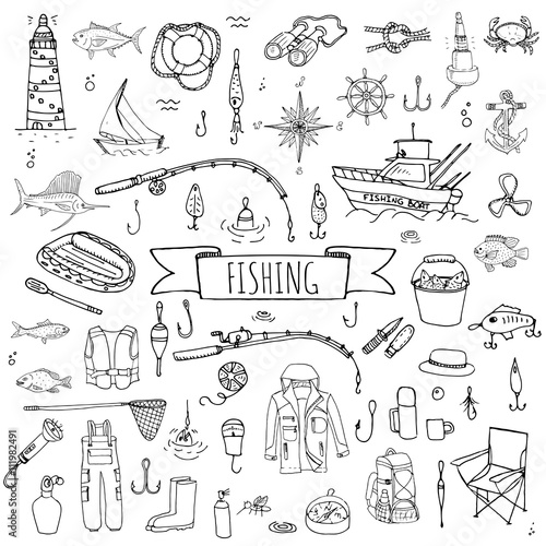 Hand drawn doodle Fishing icons set Vector illustration fishing equipment elements collection Cartoon fishing concept Fishing rod Baits Spinning Fishing lure Fish Fishing boat Lighthouse Fishing cloth
