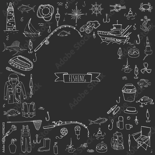 Hand drawn doodle Fishing icons set Vector illustration fishing equipment elements collection Cartoon fishing concept Fishing rod Baits Spinning Fishing lure Fish Fishing boat Lighthouse Fishing cloth