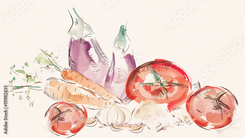 Watercolor Set of Vegetables. Tomatoes, Mushrooms, Carrot, Garlic and Eggplant