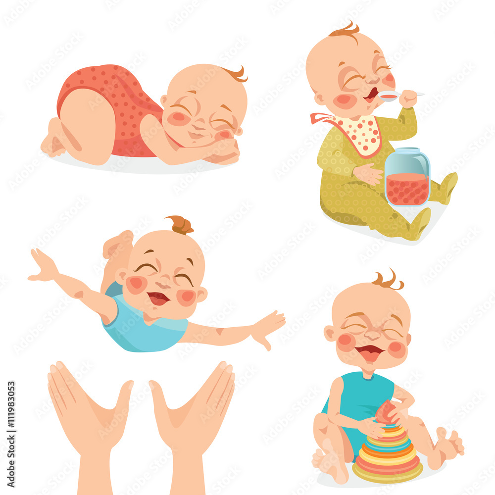 Set of vector illustrations of cute babies in cartoon style