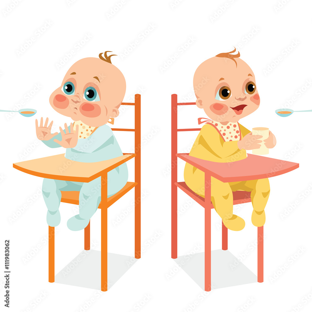 Kids are sitting on chairs and eating porridge. Vector illustration in ...