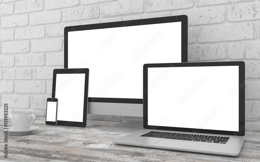 Responsive mockup screen. Monitor, laptop, tablet, phone on table in office. 3d rendering. Responsive mockup screen. Monitor, laptop, tablet, phone on table in office. 3d rendering.