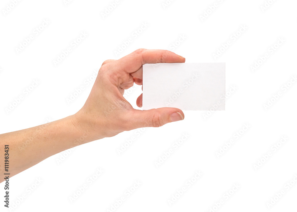 Fototapeta premium Business card in woman hand isolated on white