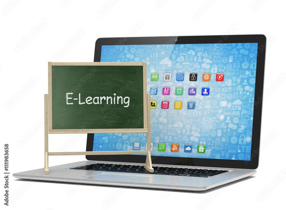Laptop with chalkboard, e-learning, online education concept. 3d rendering. Laptop with chalkboard, e-learning, online education concept. 3d rendering.