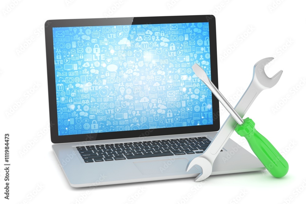 3D Illustration Wrench and screwdriver on laptop, service concept