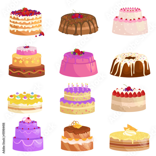 Vector cake icon set, Birthday food, sweet dessert, isolated illustration.