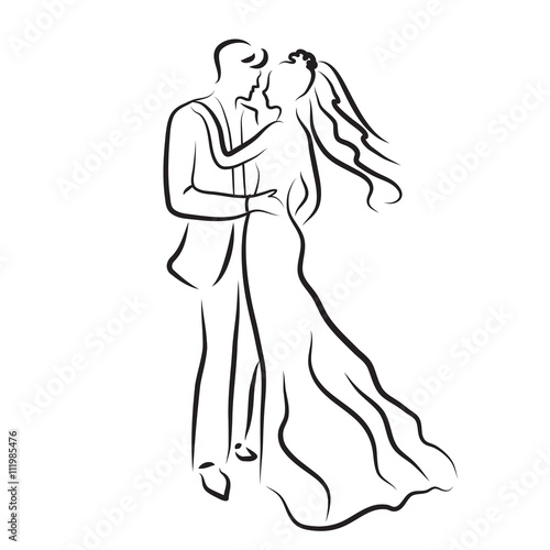 silhouette of bride and groom, newlyweds sketch, hand drawing, wedding invitation, vector illustration