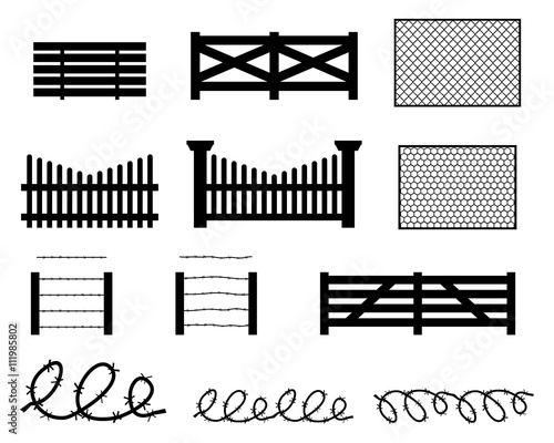 Set of rural fences in silhouette style