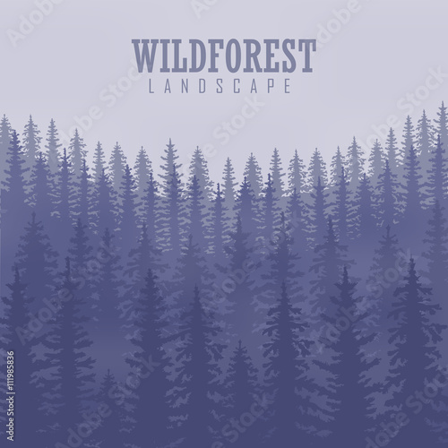 Pine tree, landscape nature, wood natural panorama. Outdoor camping design template. Vector illustration