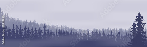 Horizontal abstract banners of hills of coniferous wood in dark blue tone.