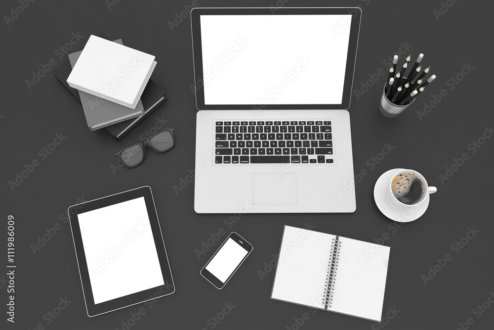 Responsive mockup screens. Laptop, tablet, phone on table. 3d rendering. Responsive mockup screens. Laptop, tablet, phone on table. 3d rendering.