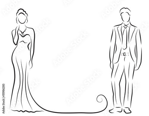 silhouette of bride and groom, newlyweds sketch, hand drawing, wedding invitation, vector illustration