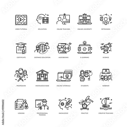 Video tutorials, training courses, online education vector line icons set. Education concept training and education science illustration