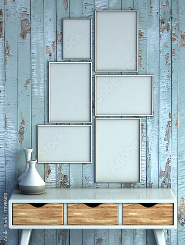 mock up poster frame in rustic interior background. 3D rendering illustration.