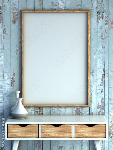 mock up poster frame in rustic interior background. 3D rendering illustration. photo