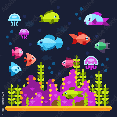 Underwater life with sea animals in flat style. Water ocean animal fish and underwater illustration vector fish