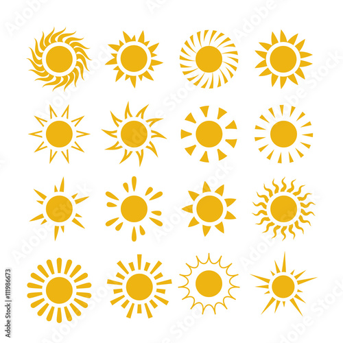 Yellow summer sun vector symbols. Sun set summer, sunburst and ray energy from sun star group illustration