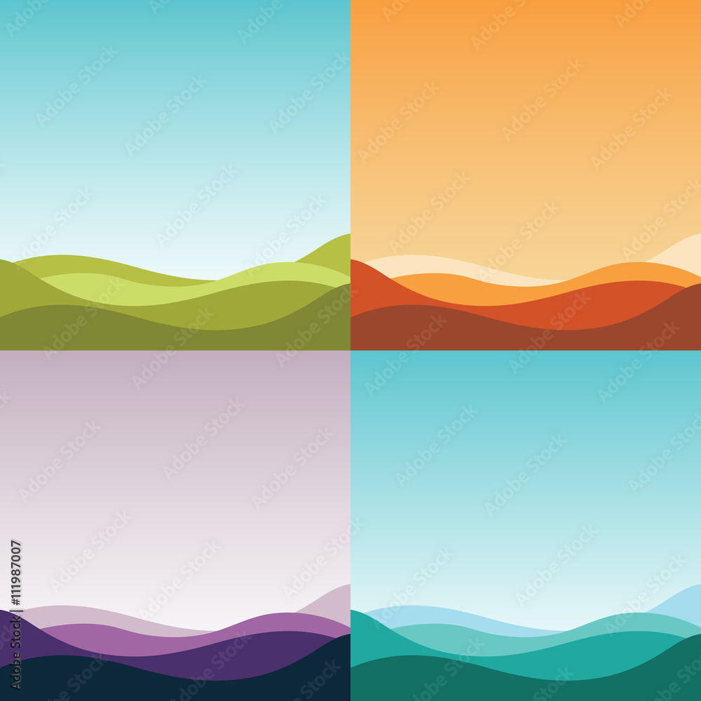 Four gradient abstract backgrounds set. Simple nature landscapes. Vector illustration