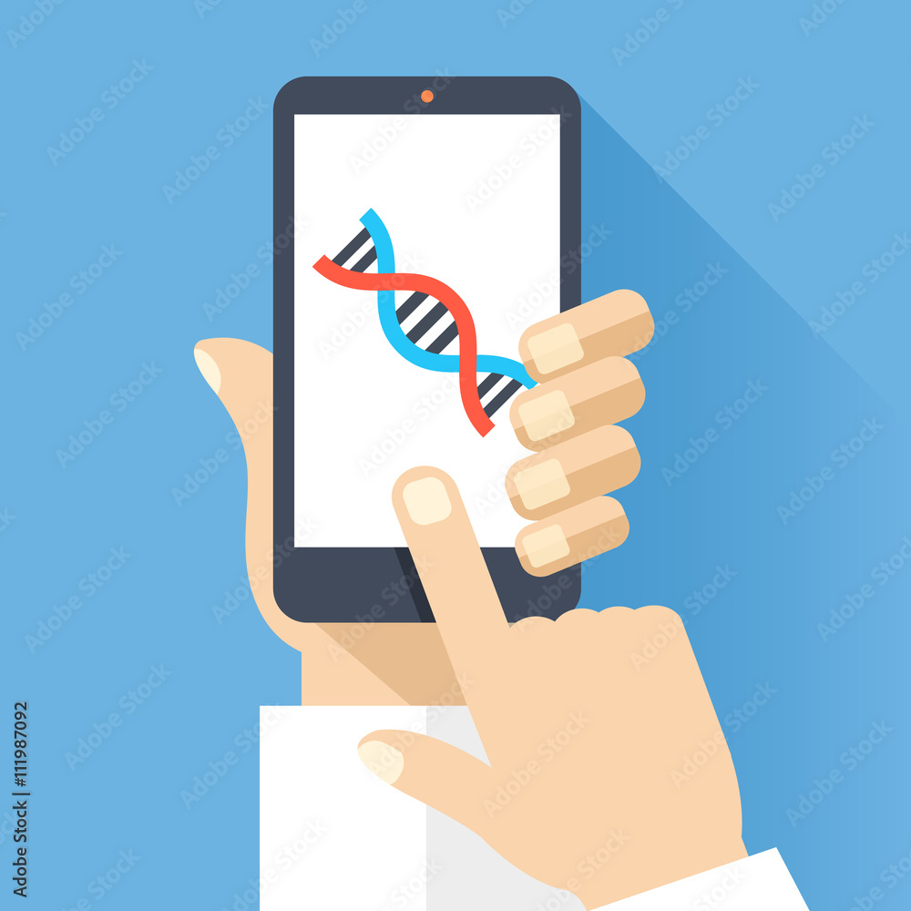 Hand holds smartphone with DNA icon on smartphone screen. Scientific research, medical research concepts. Flat design vector illustration Hand holds smartphone with DNA icon on smartphone screen. Scientific research, medical research concepts. Flat design vector illustration