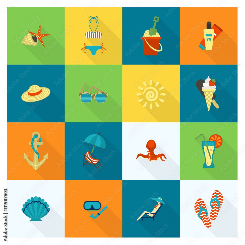 Fototapeta premium Summer and Beach Simple Flat Icons