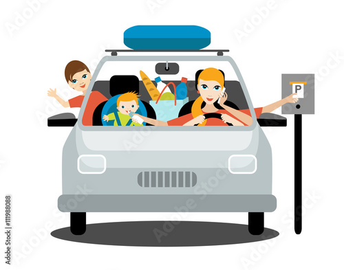 Multitasking woman, mother driving car with a hungry baby, older son, talking a phone. Flat vector.