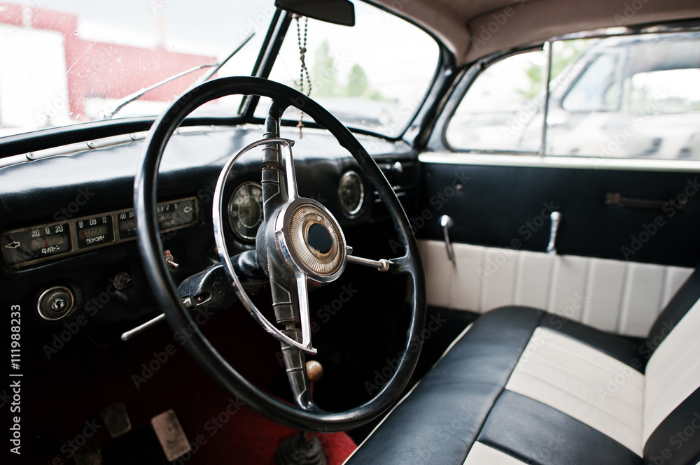 Dashboard and steering wheel of classic car