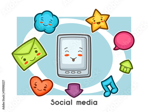 Kawaii social media gadgets funny card. Doodles with pretty facial expression