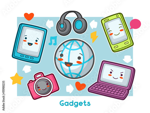 Kawaii gadgets funny card. Doodles with pretty facial expression