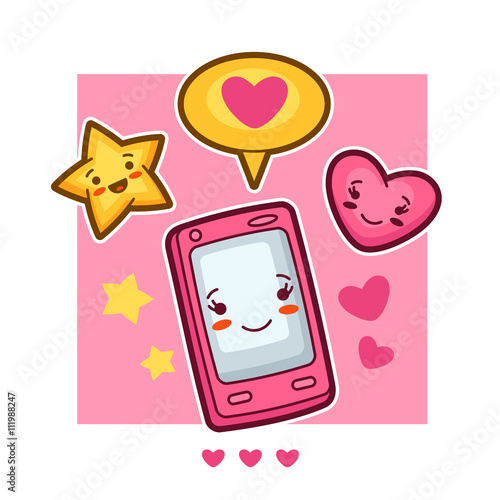 Kawaii mobile phone lovely card. Doodles with pretty facial expression