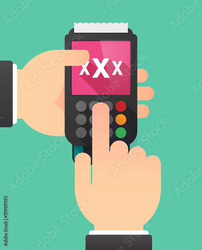 Person hands using a dataphone with a XXX letter icon