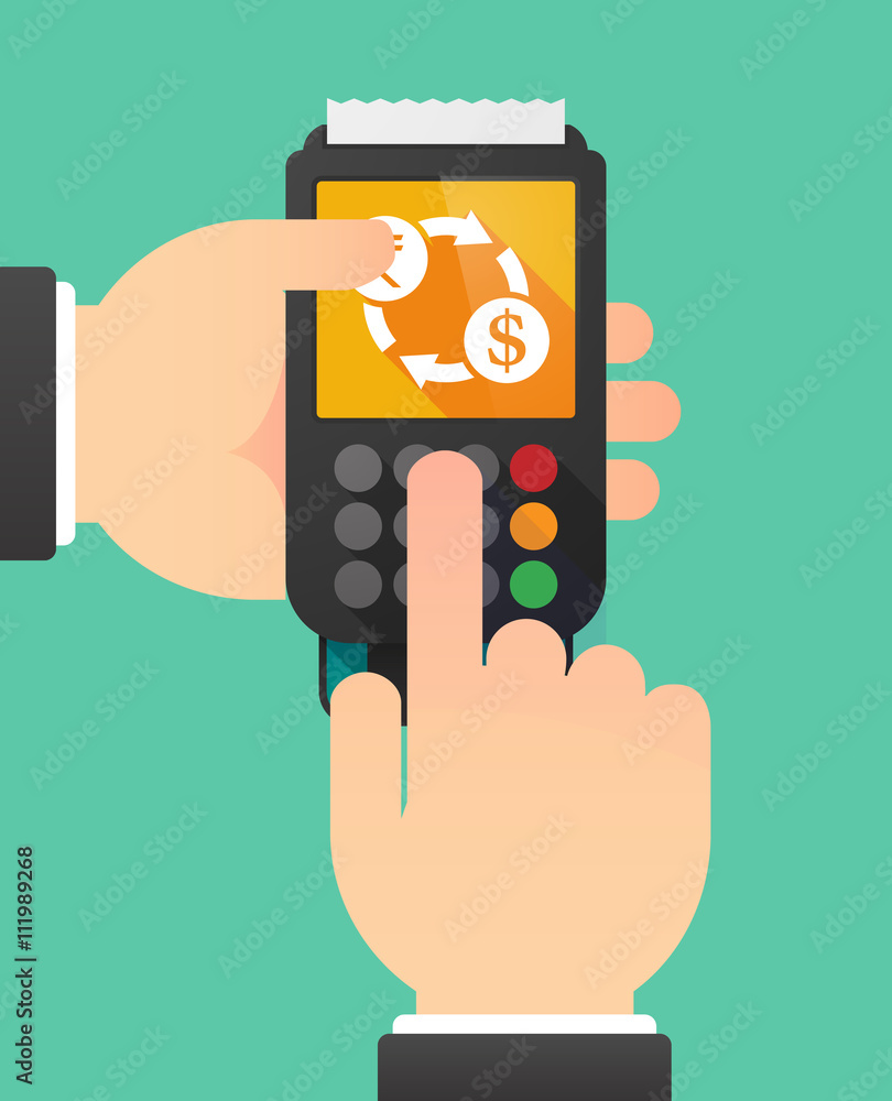 Person hands using a dataphone with a rupee and dollar exchange Person hands using a dataphone with a rupee and dollar exchange
