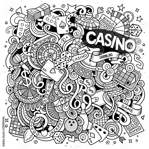 Cartoon hand-drawn doodles casino, gambling illustration
