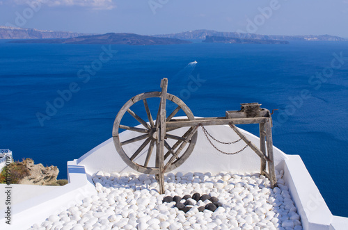 Wooden wheel on Santorini island, Greece