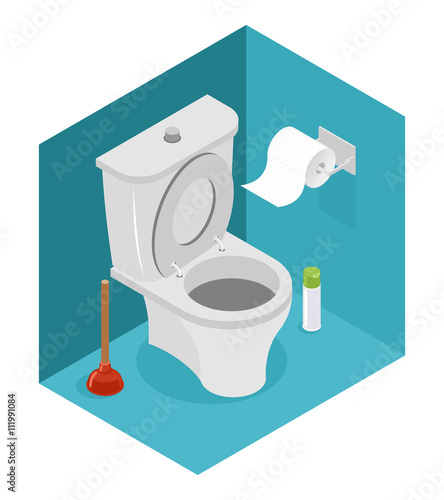 Toilet isometrics. White toilet and plunger. Roll of toilet pape