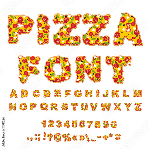 Pizza font. Letters dough. Food Alphabet. Fast food ABC. Italian