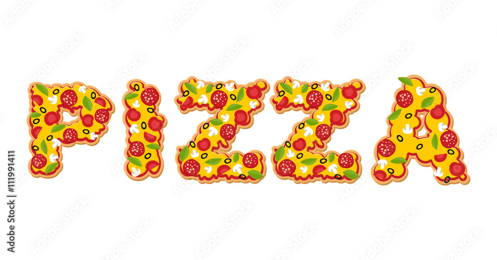 Pizza text. Letters of Appetizing slices of pizza. Lettring of f Pizza text. Letters of Appetizing slices of pizza. Lettring of f