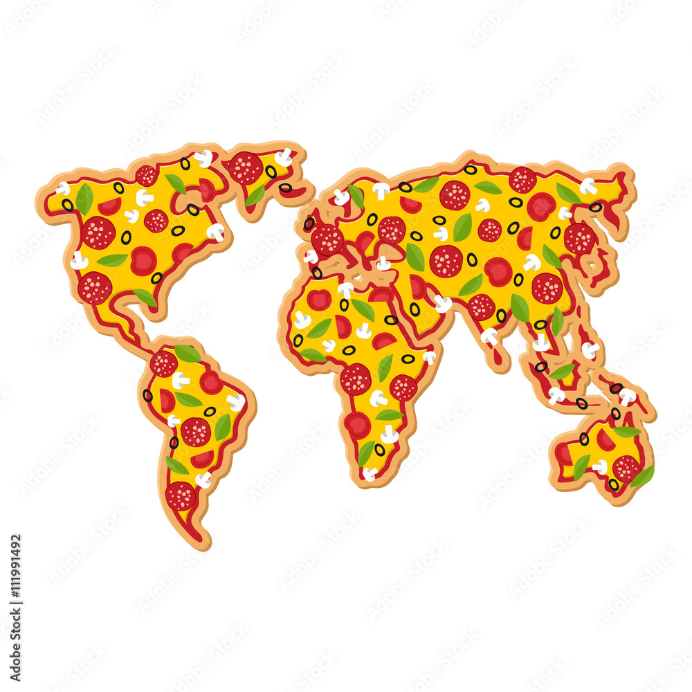 World Map pizza. Continents of earth fast food. Geography Stock