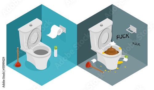 Clean and dirty toilet isometrics. interior of shithouse. New ou